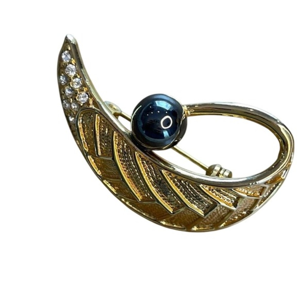 Vintage‎ Art Deco Gold Tone Faux Black Pearl Rhinestone Brooch from Unbranded - Picture 9 of 10